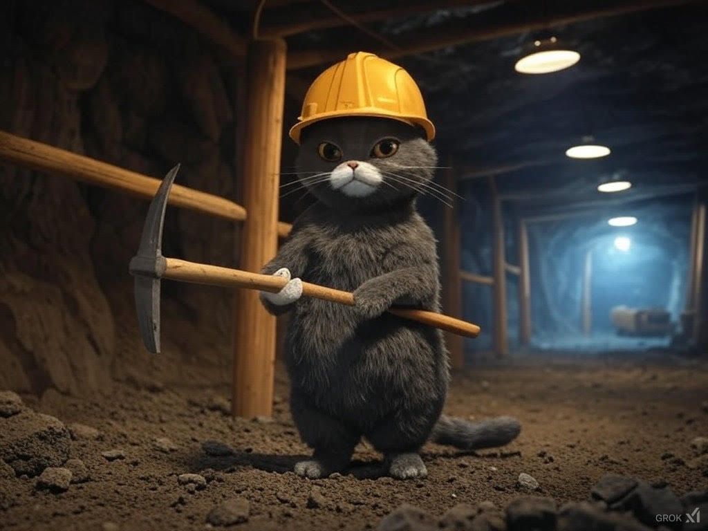 ピッケルで鉱山を掘つている猫の図